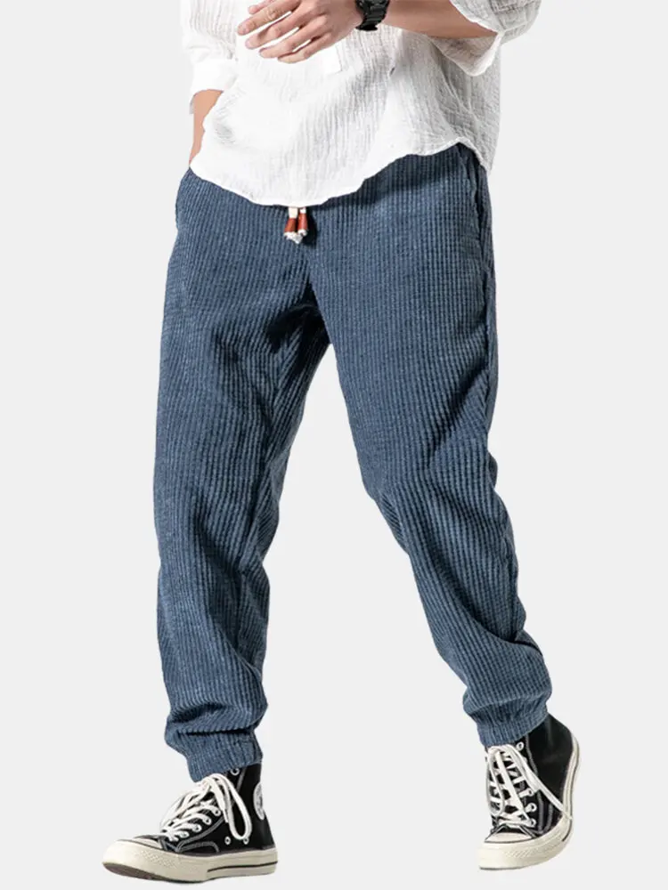 

Mens Corduroy Design Cotton Solid Color Drawstring Mid Waist Harem Pants