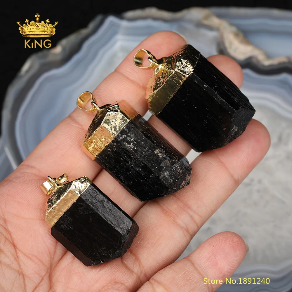 

5pcs Nugget Black Tourmaline Pendants Jewelry Making Crafts,Natural Tourmaline Plated Gold Caps Stones Charms Necklace