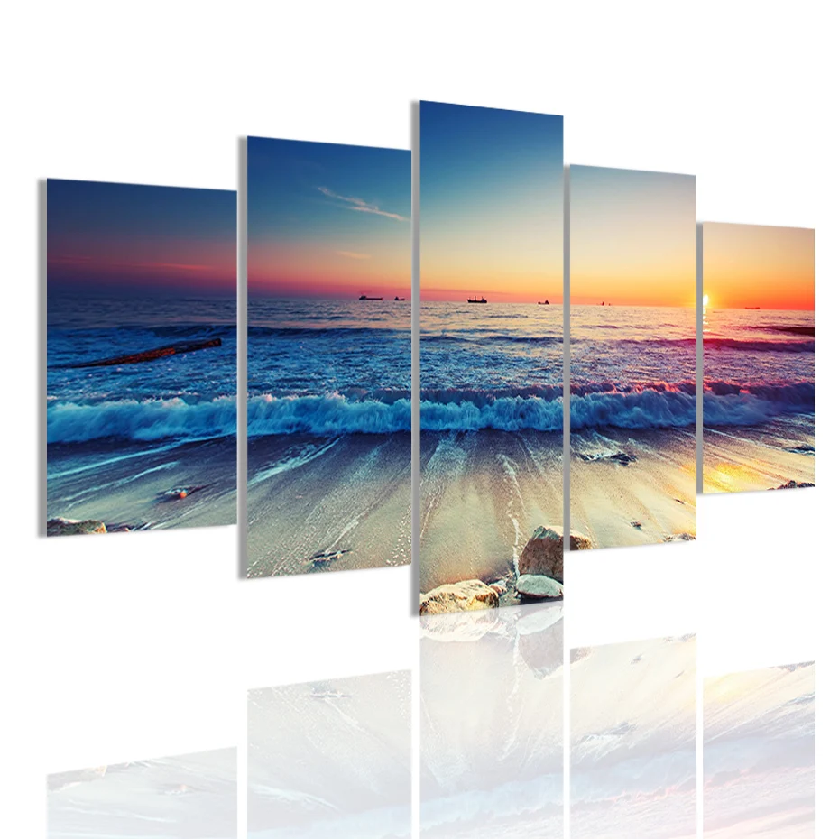 

Sea Wave Beach Sunset Natural Landscape 5 Panels Canvas Painting Poster Wall Art Print Picture Living Room Home Decoration Frame