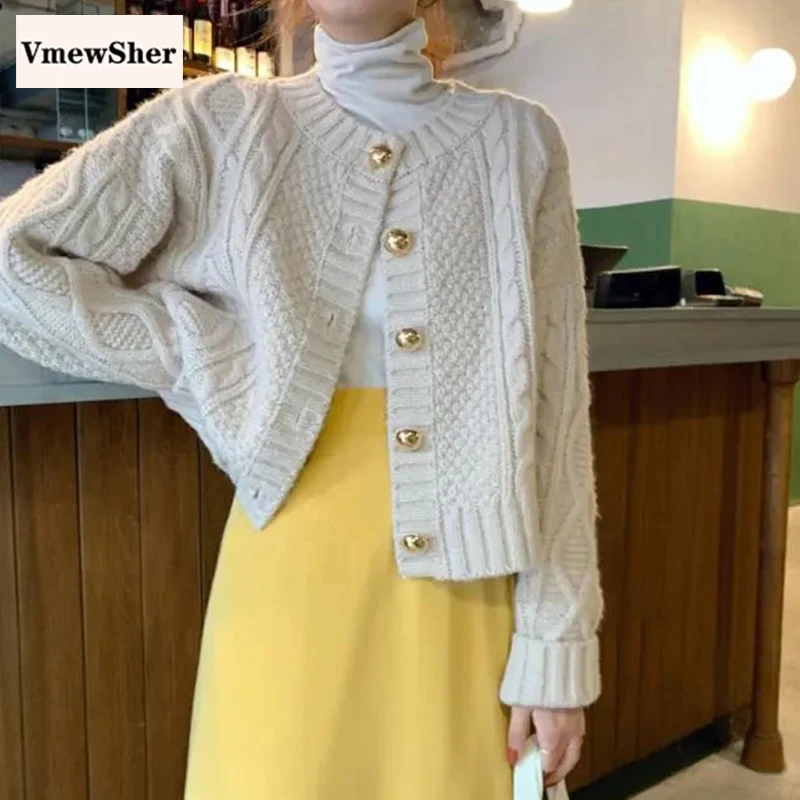 

VmewSher Retro Twist Women Long Sleeve Short Sweater Cardigan Jacket Autumn 2020 New Knitted Top Elegant Loose Solid Knitwear