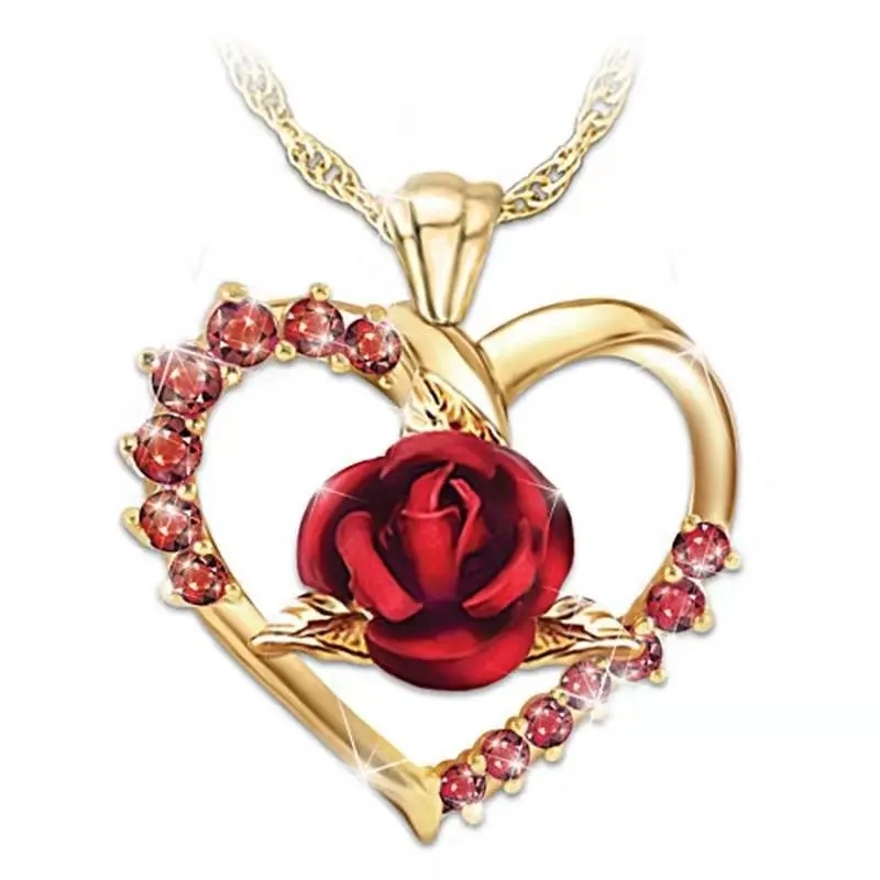 

Love Heart Rose Flower Necklace Fashion Temperament Ms Plating Gold Cubic Zirconia Pendant