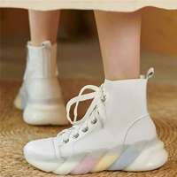 high top platform pumps shoes women lace up genuine leather med heel ankle boots female round toe fashion sneakers casual shoes