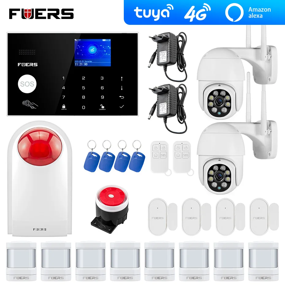 

4G Tuya Alexa Wifi GSM Alarm System Security Kit 2MP Outdoor Camera Smart Home Burglar Flash Siren Motion Detection