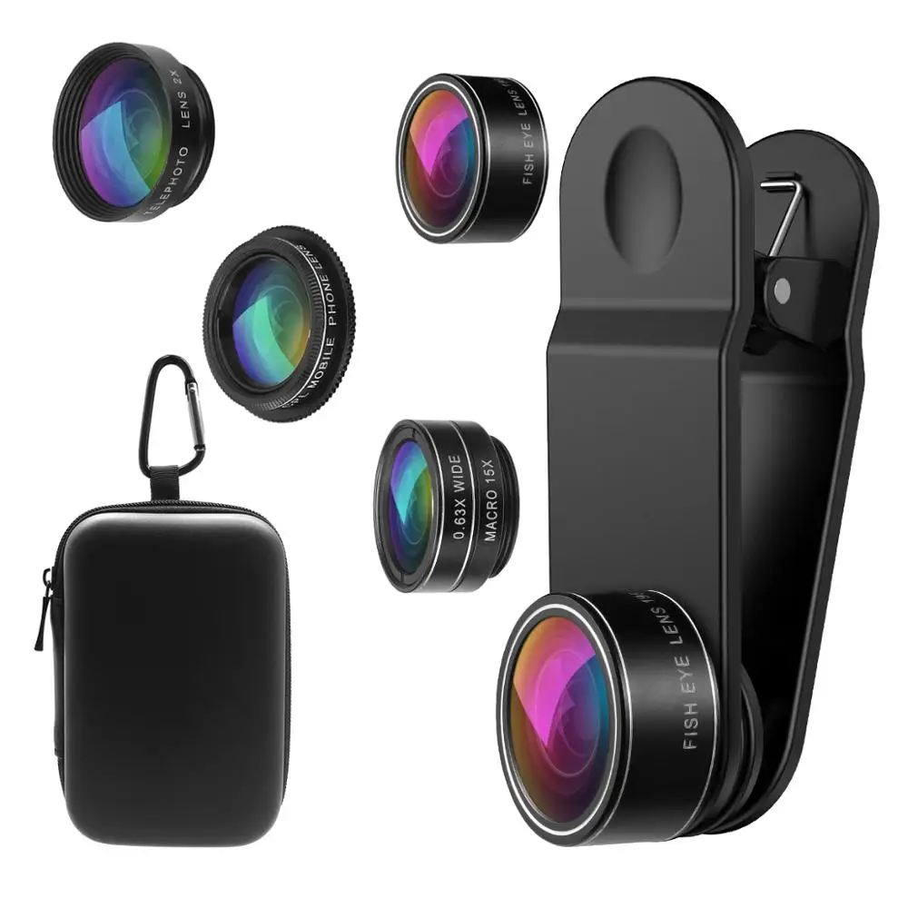 Объектив для камеры телефона 5 в 1 объектив 2X зум 198 ° рыбий глаз 0.63X угловой и 15X