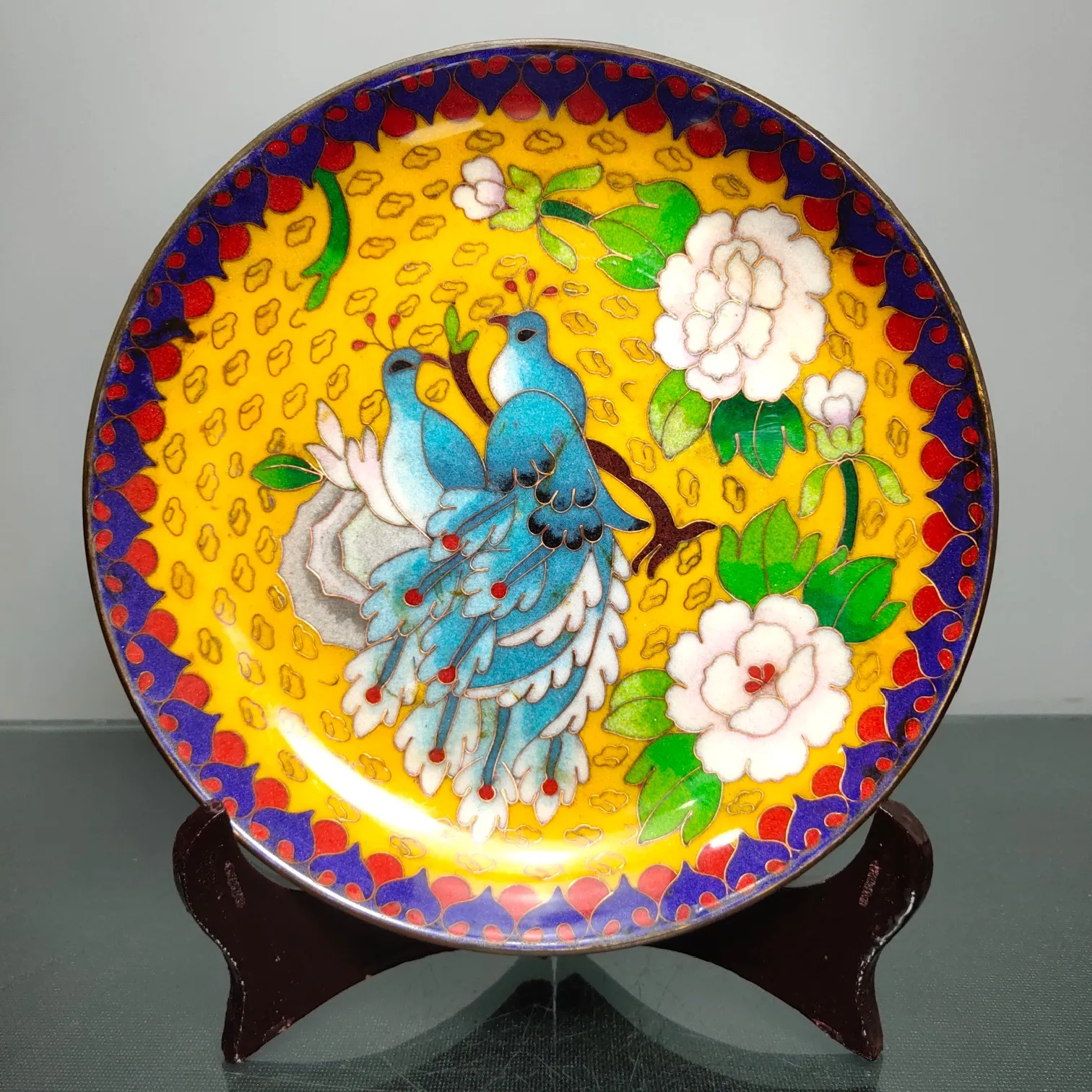 

7"Chinese temple collection Old Bronze Cloisonne Enamel screen Ornamental plate Phoenix play peony plate Ornaments Town House