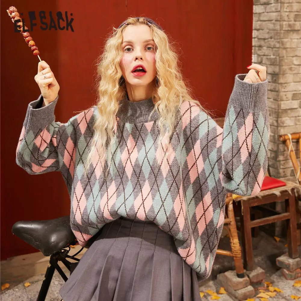 ELFSACK Green Argyle Print New Year Preppy Knit Pullover Women Sweaters 2020 Spring Long Sleeve Korean Casual Ladies Daily Top | Женская