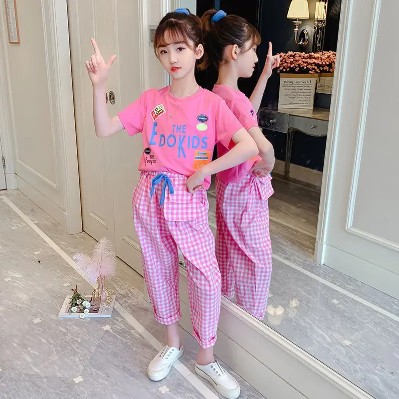 

2021 New Summer Newly Infant Kids Girls Clothes Sets Causal Cartoon Short Sleeve Tops Long Pants Sports Outfits 4-12 Years