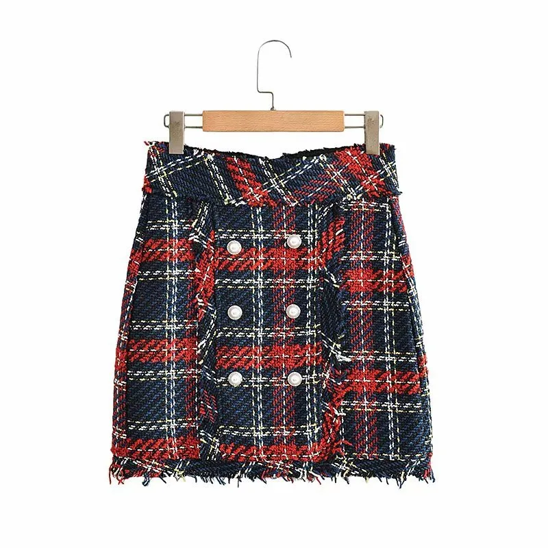 

Autumn Fashion Women High Waist Tweed Plaid Za Mini Skirts 2020 Chic Lady Jewelry Double Breasted Back Zipper Short Skirt Femme