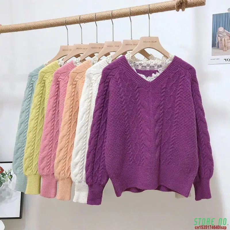 

Autumn Winter Lace Collar Sweater Women Loose Sweaters Puff Sleeve Solid Color Pink Orange Purple Lace Jumpers