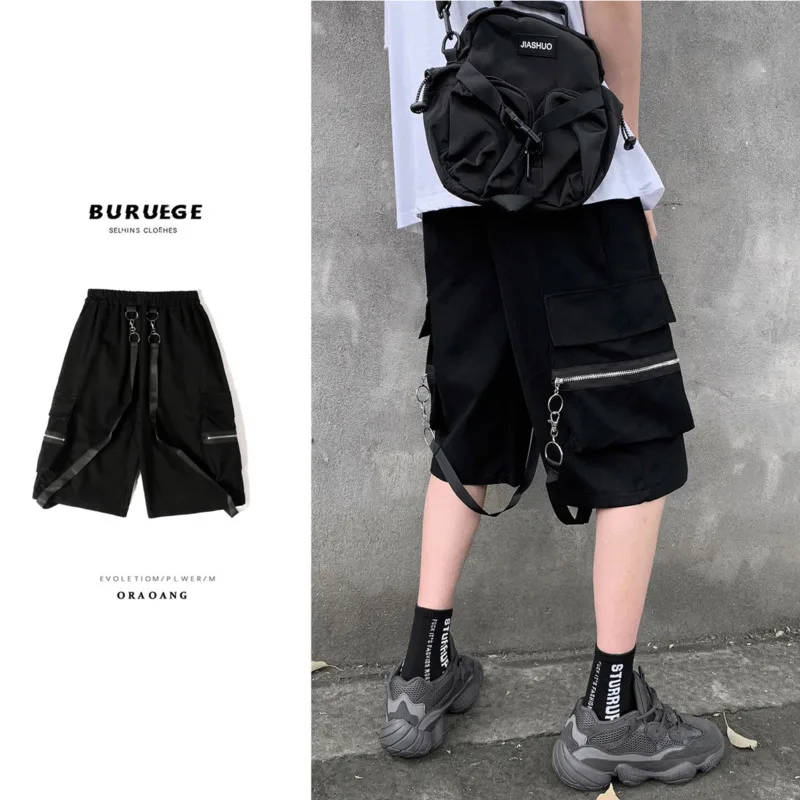 

Summer Pocket Shorts Men's Fashion Retro Casual Shorts Men Streetwear Loose Hip-hop Wide-leg Black Shorts Mens Straight Pants