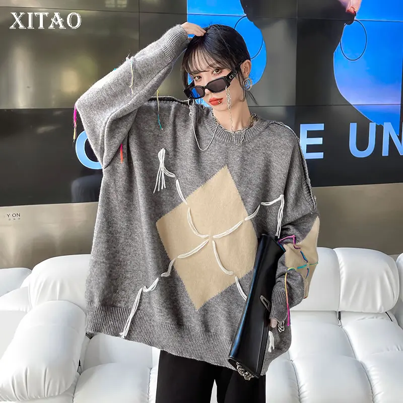 

XITAO Winter New Women Sweater Fashion Knitting Tassel Splicing Contrast Color Pullover Top 2021 Street Trendy All-match CZH0055