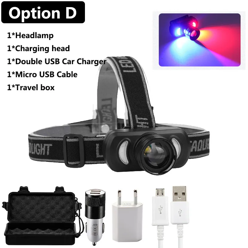 RGB Мини красный+ синий светодиодный налобный фонарь T6+ COB светодиодный налобный светильник, налобный фонарь, налобный светильник, USB цикл в комплекте, аккумулятор 18650 для кемпинга - Испускаемый цвет: RGB