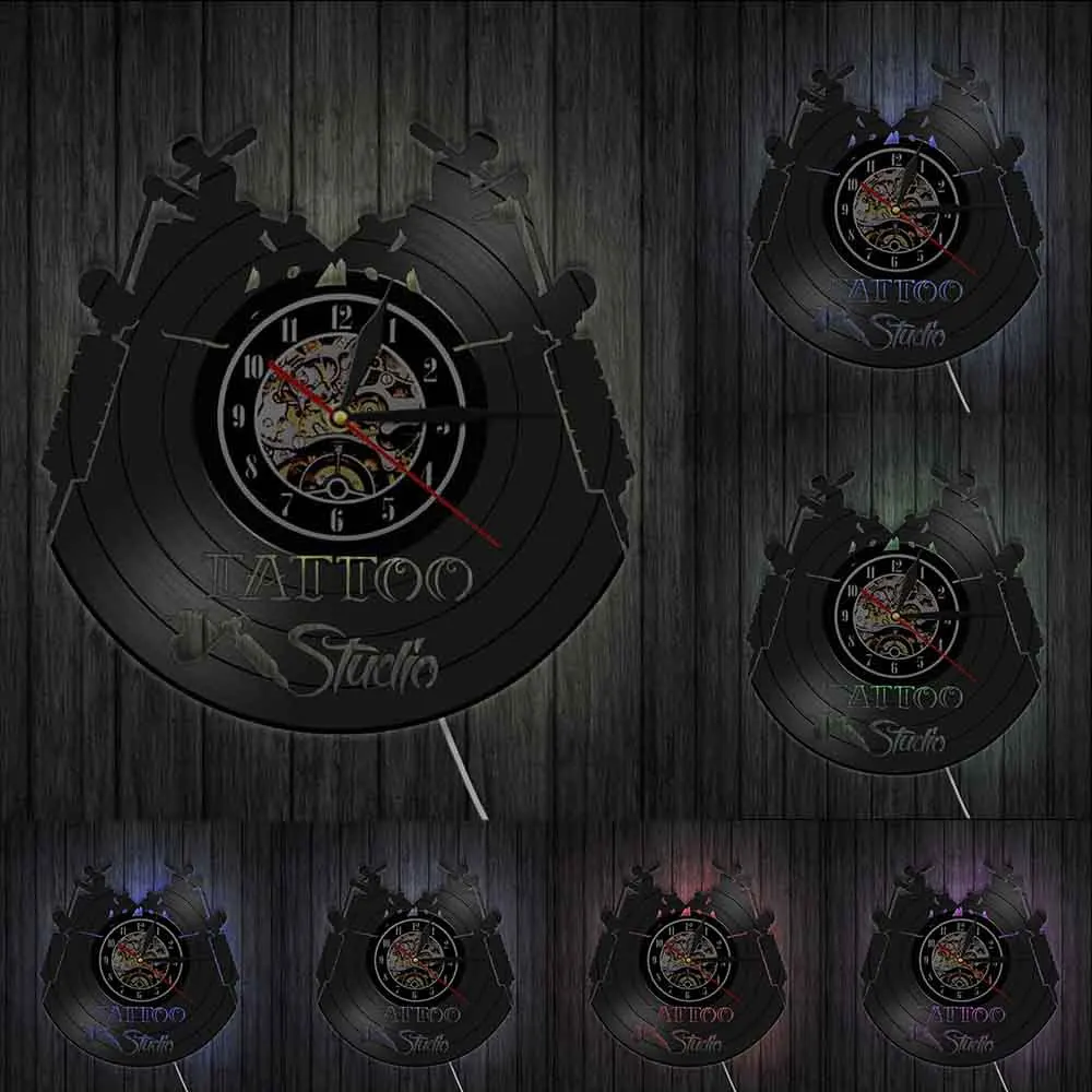 Тату студия логотип бизнес знак винтажная виниловая запись настенные тату часы