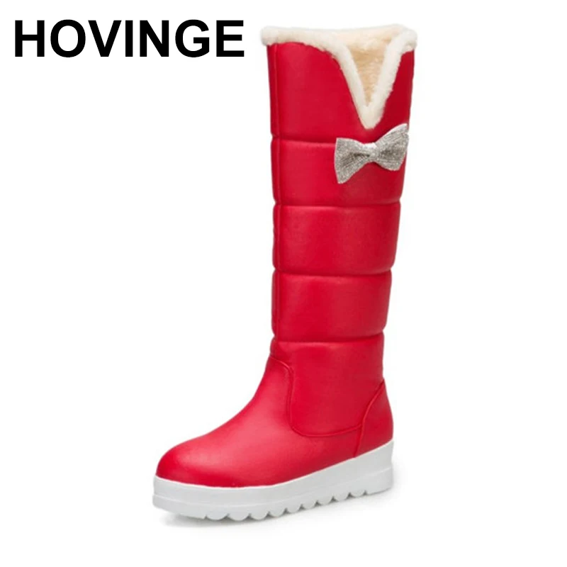 

HOVINGSweet Butterfly-knot Winter Warm Snow Boots Women Knee High Flat Platform Non Slip Waterproof Shoes Red White Plus Size