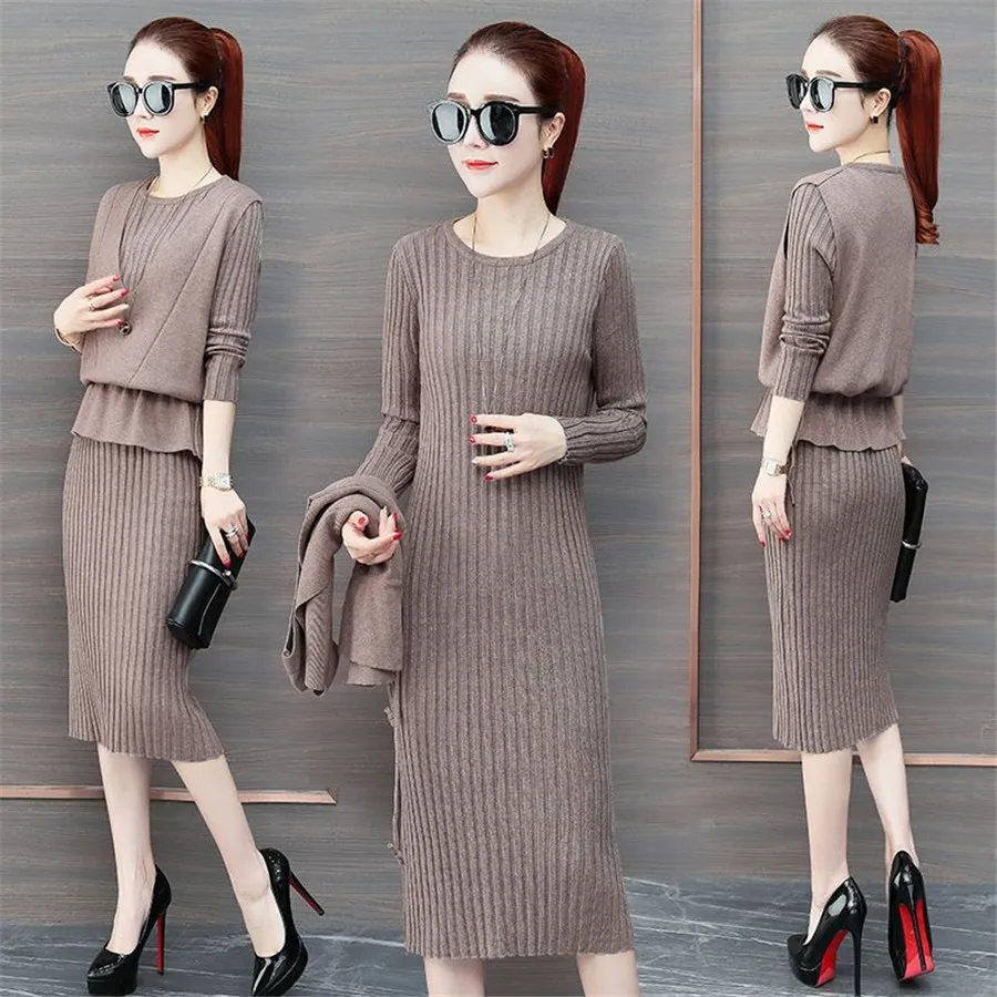 

2021 Autumn Winter New Women Cardigan Suspenders Vest Sweater Dress Suit Solid High Quality Long Sleeve Knitted Two Piece Sets