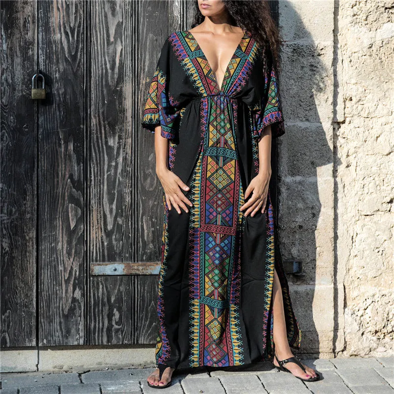 Женское платье с V образным вырезом рукавом до локтя и разрезом сбоку|Женские