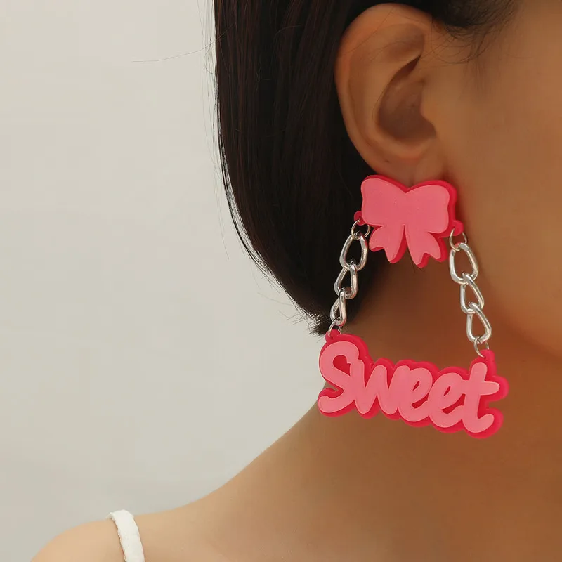 

New Acrylic Sweet Letter Drop Earrings For women Punk Hip-Hop Bowlnot Long Chain Dangle Earring Nightclub Fashion Party Jewelry