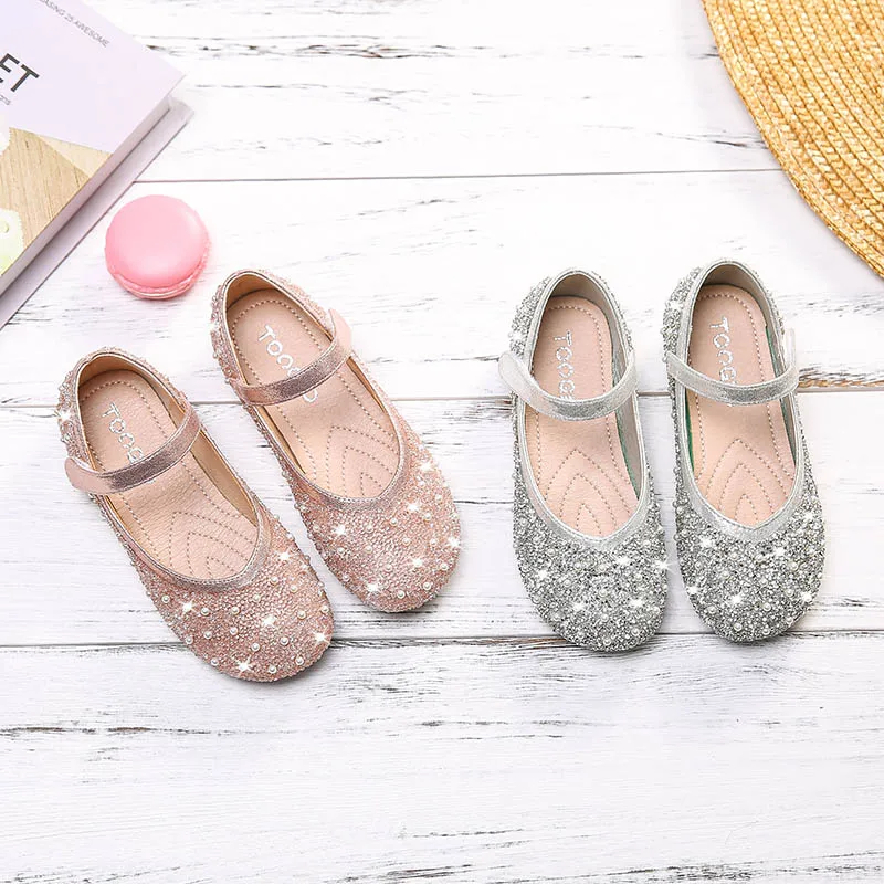 Весна 2020 Детская обувь со стразами Обувь принцессы на плоской подошве для