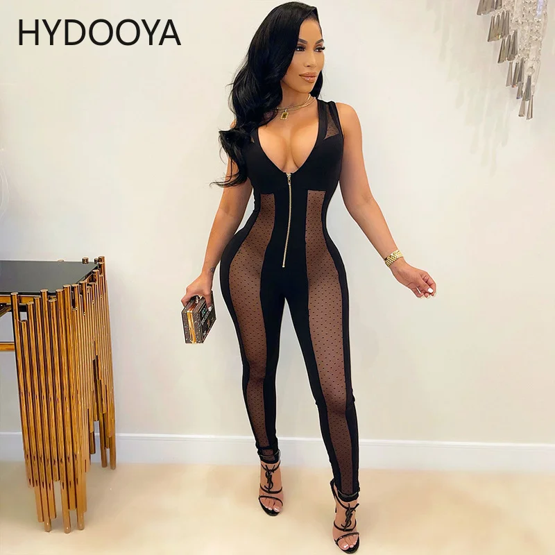 

Sexy Black Mesh See Through Jumpsuit Women Deep V Neck Sleeveless Transparent Skinny Romper Spring New Front Zipper Club Catsuit