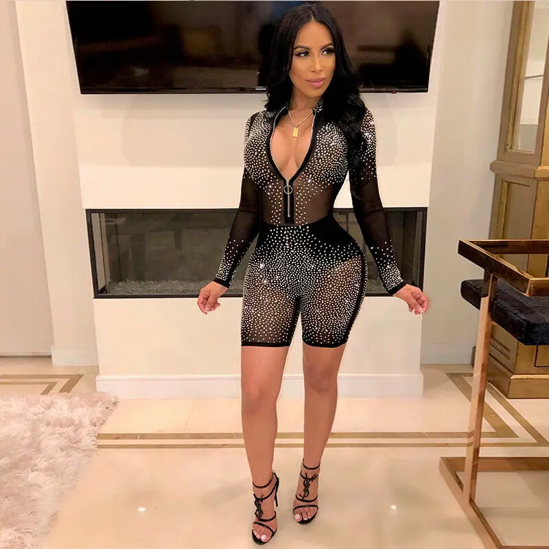 

Women's Rhinestone Hollowed Tight Jumpsuit Long-Sleeved Zipper v Neck See Through Rompers Clubwear Party