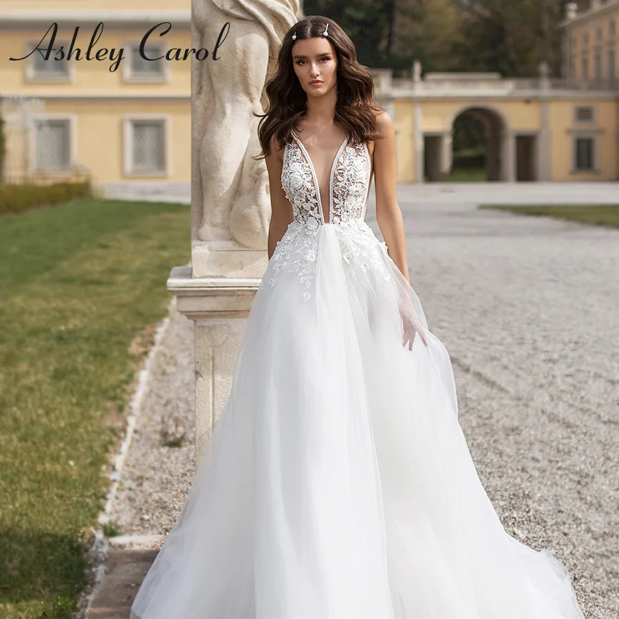 

Ashley Carol A-Line Wedding Dress 2024 Backless Boho Deep V-Neck Beading Flowers Sleeveless Beach Bridal Gown Vestidos De Novia
