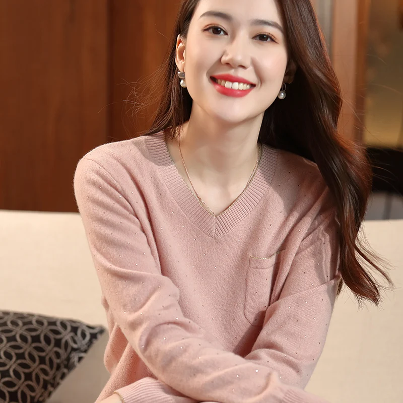 

Women Sweaters With Diamond Fashion Pullovers 100% Pure Wool Knitted Jumpers 2020 Winter New V-neck Thick Warm Clothes Ladies