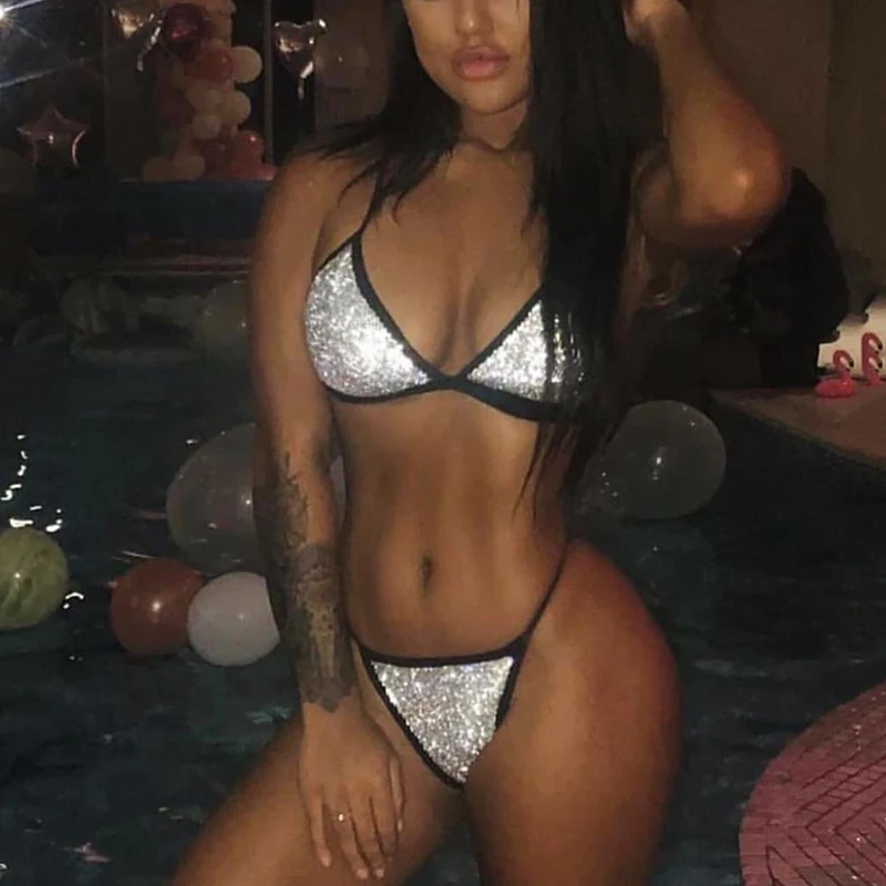 Trendy Shiny Diamante Bikini Set Halter Low Neckline Back Bandage Bra Crop Top High Cut Panties Seaside Beachwear Biquini Sets | Женская