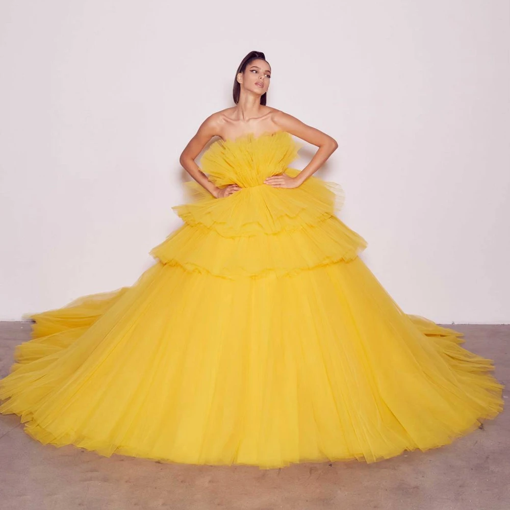 

Elegant Strapless Prom Dresses Puffy Tiered Tulle Show Formal Dress Abendkleider Evening dress Party Gowns Robe de soirée Custom