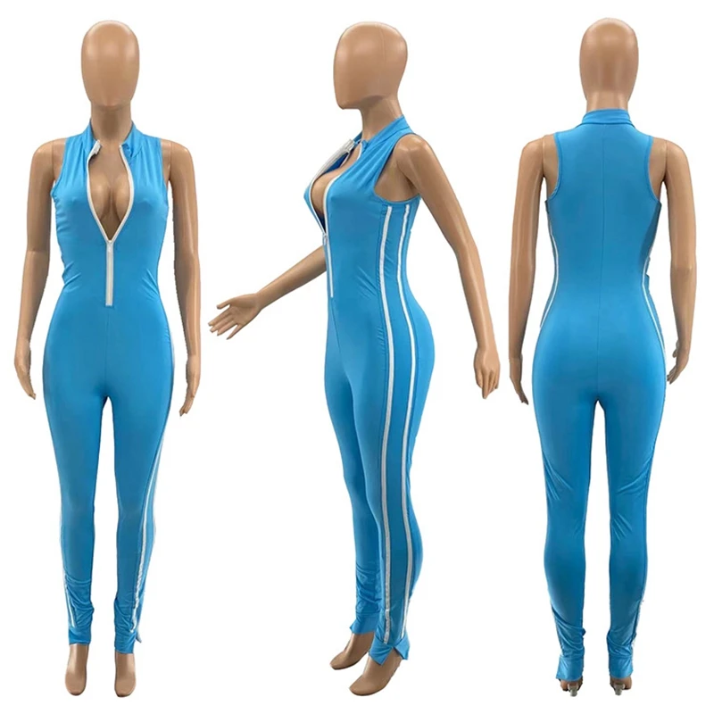 

ZKYZWX Side Striped Bodycon Zip Jumpsuit Sexy Outfits for Woman Night Clubwear Summer Vacation Clothes One Piece Party Rompers
