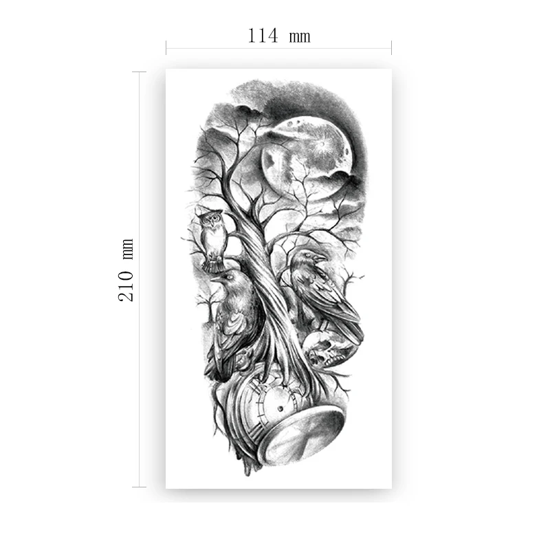 

Forest Crow Bird Temporary Tattoo Stickers Black Skull Moon Clock Fake Tattoos Waterproof Tatoos Arm Large Size for Women Men