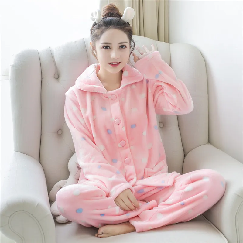 

Winter Kawaii Pajamas Set for Women Sleepwear Warm Flannel Long Sleeves Pajamas Pink Cute Animal Homewear Thick Home Suit