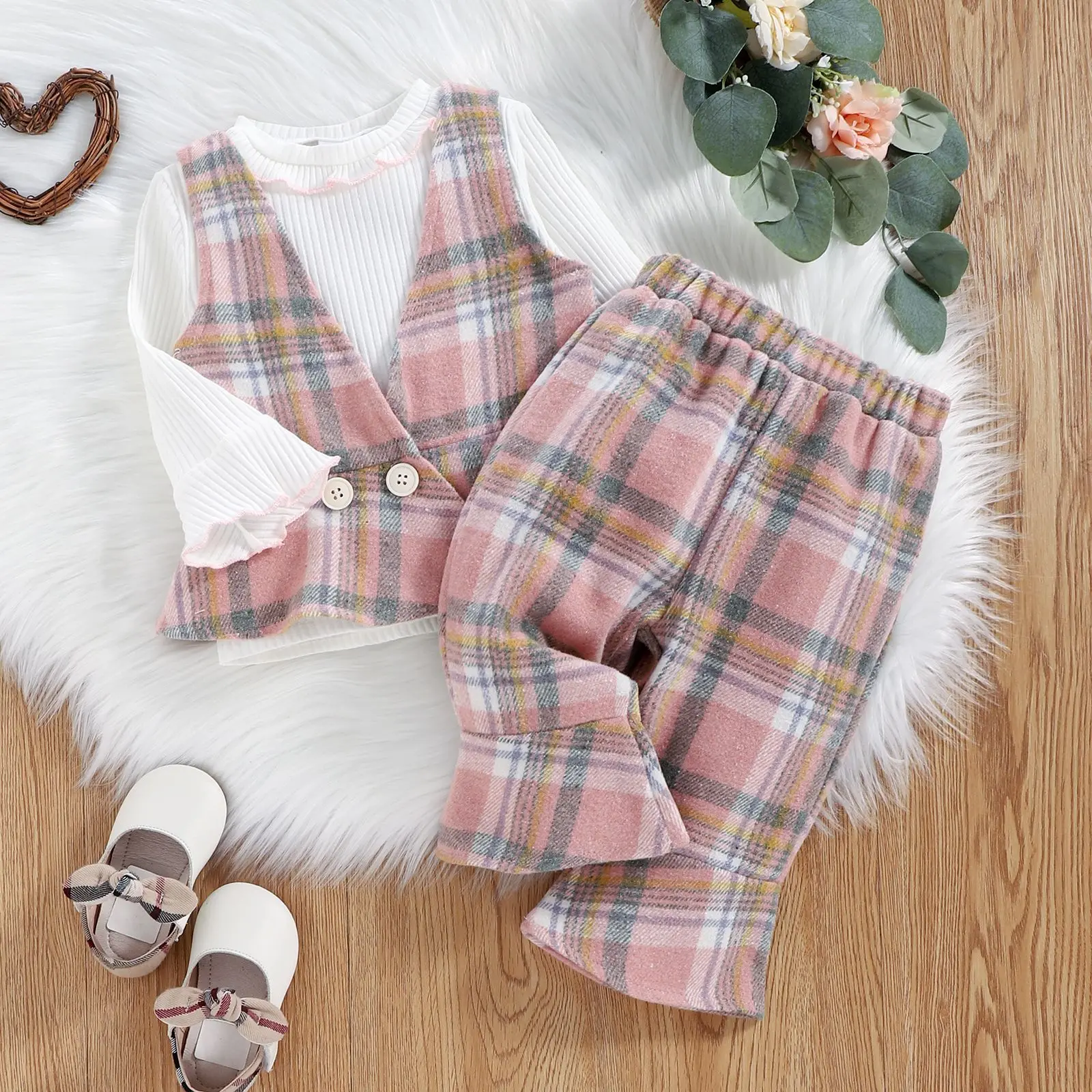 

Toddler Baby Girl Solid Color Round Neck Lace Flare Sleeve Top + Ruffled Plaid Vest + Lattice Trousers Infant Autumn 3pcs Set