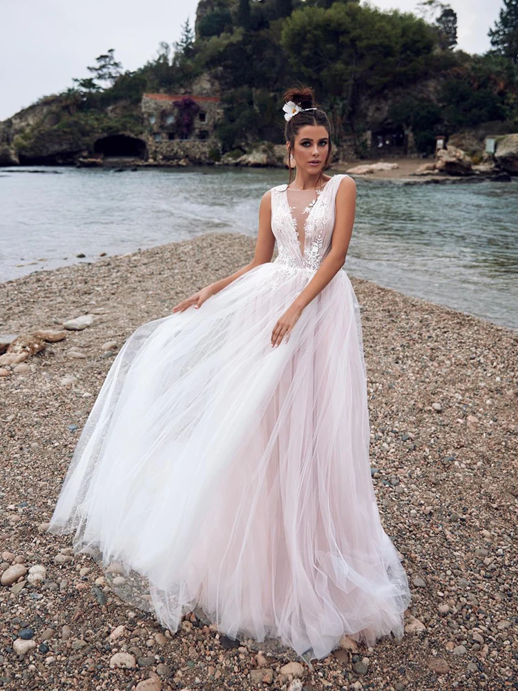 

MNGRL New Simple Wedding Dress Backless Sleeveless Design Chiffon Lace Bride Dresses Princess Dress Plus Size Tailor-made