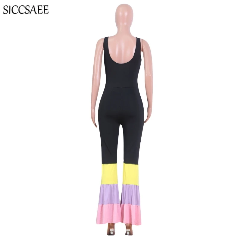 

Patchwork Bell Bottom Pants Tank Jumpsuits And Rompers For Women Wide Leg Backless Overalls Sexy One Piece Combinaison Femme