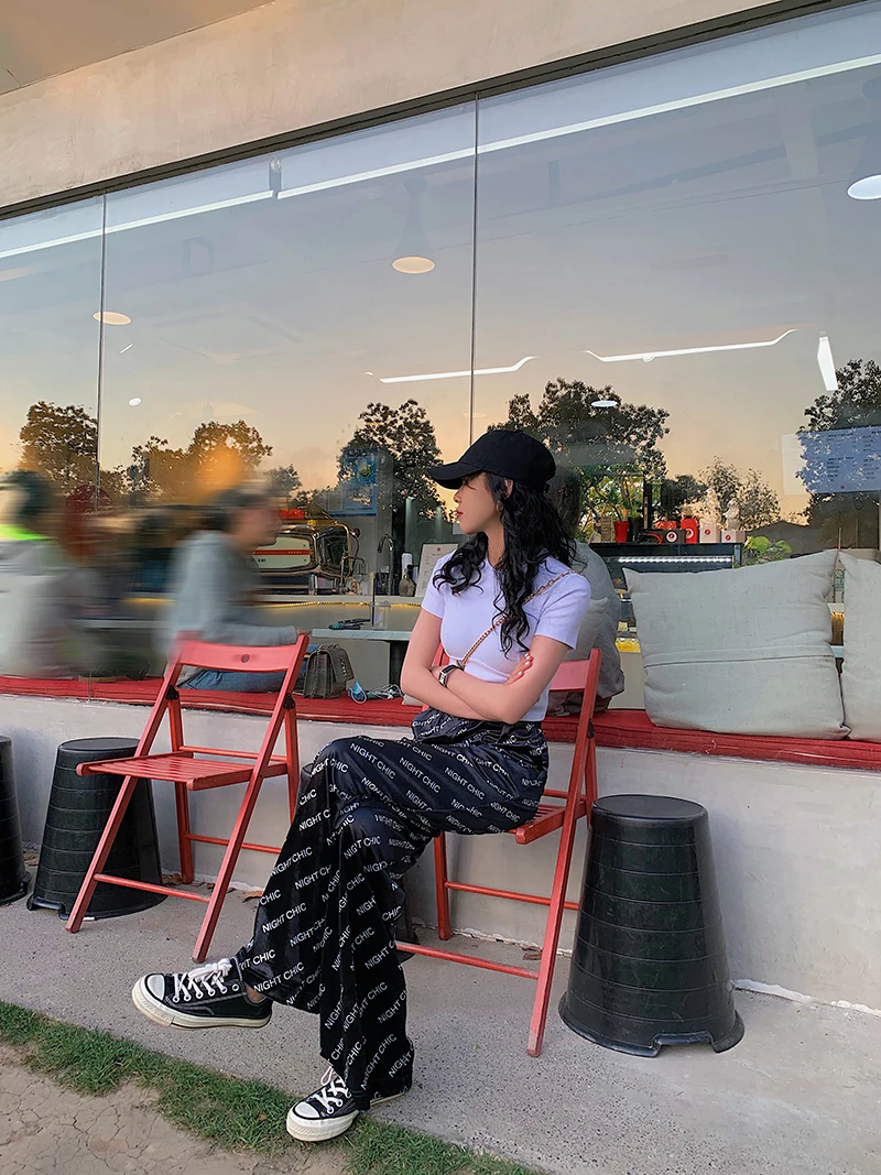 

2020 Straight Black Casual Trousers for Woman Thin Cool Party Dress Lounge Wear Korean Style Kpop Harajuku