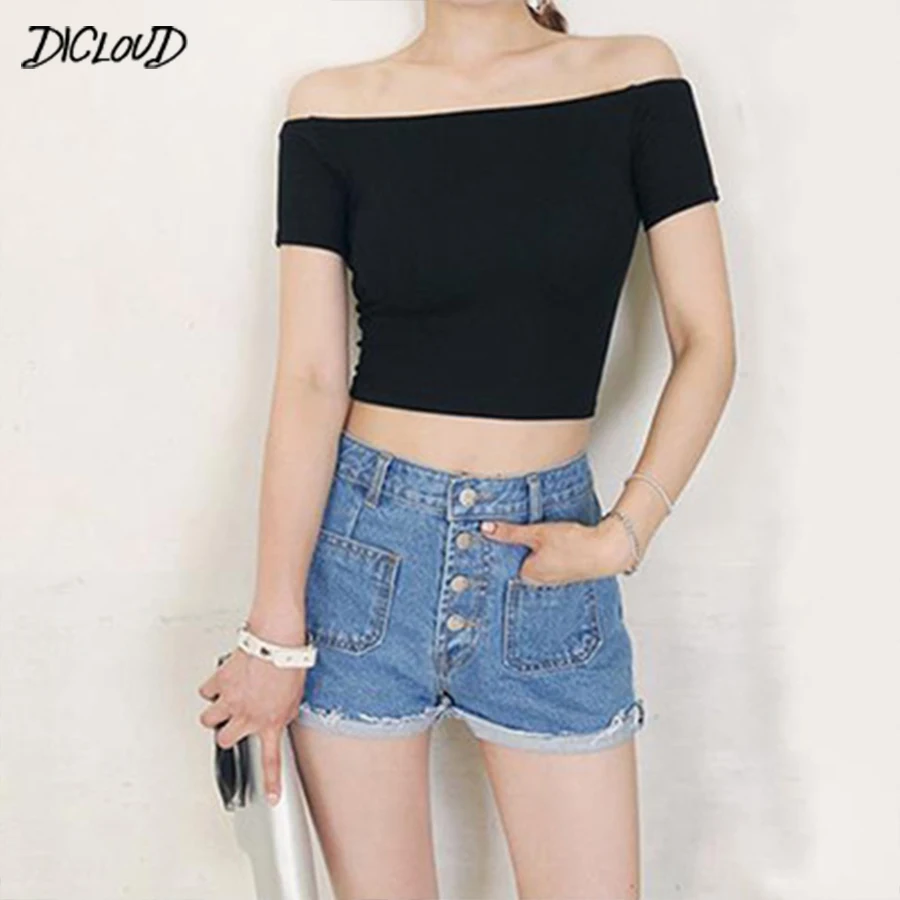 

DICLOUD 2019 New T-Shirt Women Fashion Shorts Slash Neck Sexy Ladies Tees Elastic Casual Slim Tops Summer Harajuku T Shirt