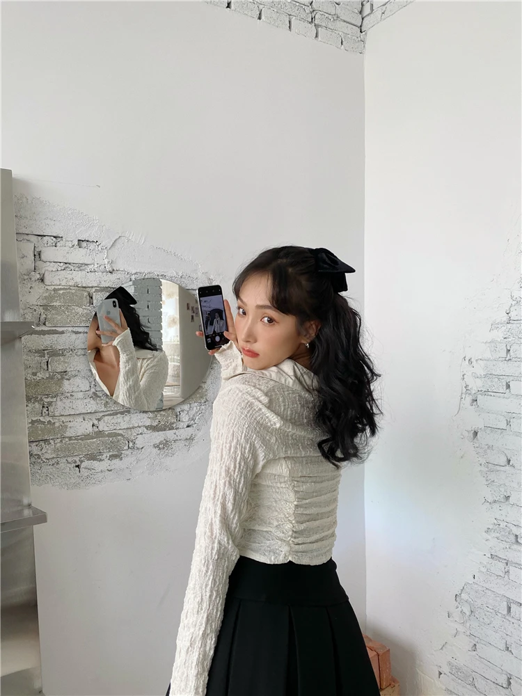 CHEERART Autumn 2020 Ruched Top Long Sleeve Blouse Tunic Crop Top Women Shirt Fashion Crochet Top Designer Clothes