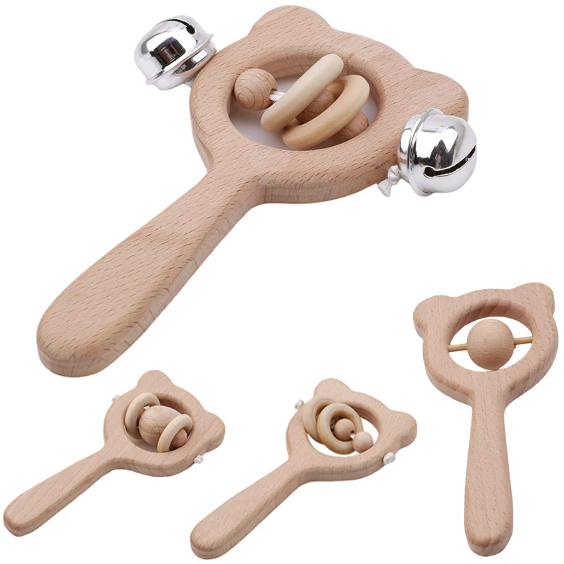

Baby Toys Beech Wood Bear Hand Teething Wooden Ring Can Chew Beads Baby Rattles Play Gym Montessori Stroller Toys