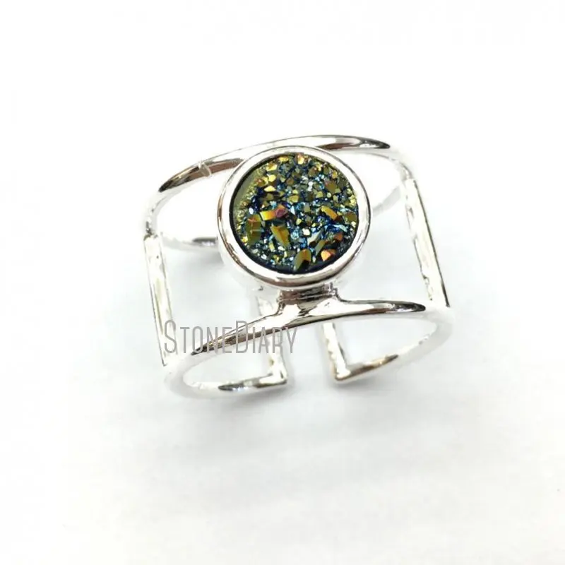 

RM12698 Double Wrapped Titanium Druzy Silver Electroplated Round Shape Adjustable Copper Ring Jewelry