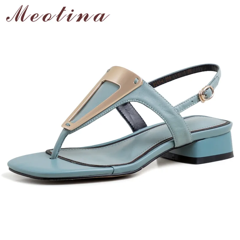 

Meotina Summer Sandals Women Shoes Natural Genuine Leather Thick Heel Shoes Sheepskin Buckle Flip Flops Sandals Lady Size 33-40