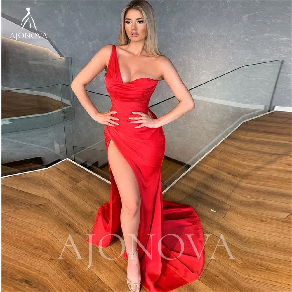 

Red Satin Elegant Long Evening Dresses for Women Party One Shouder Evening Dress Woman Side Split Prom Gown Night Women's 2021
