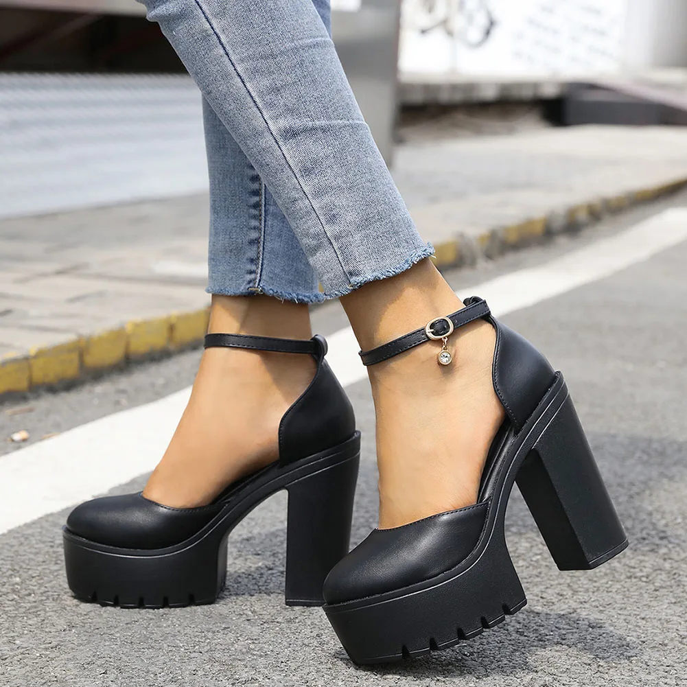 

GIGIFOX Brand New Fashion Gothic Style Cool Ankle Strap Block High Heels Platform Cosplay Black Summer Sandals Woman Shoes