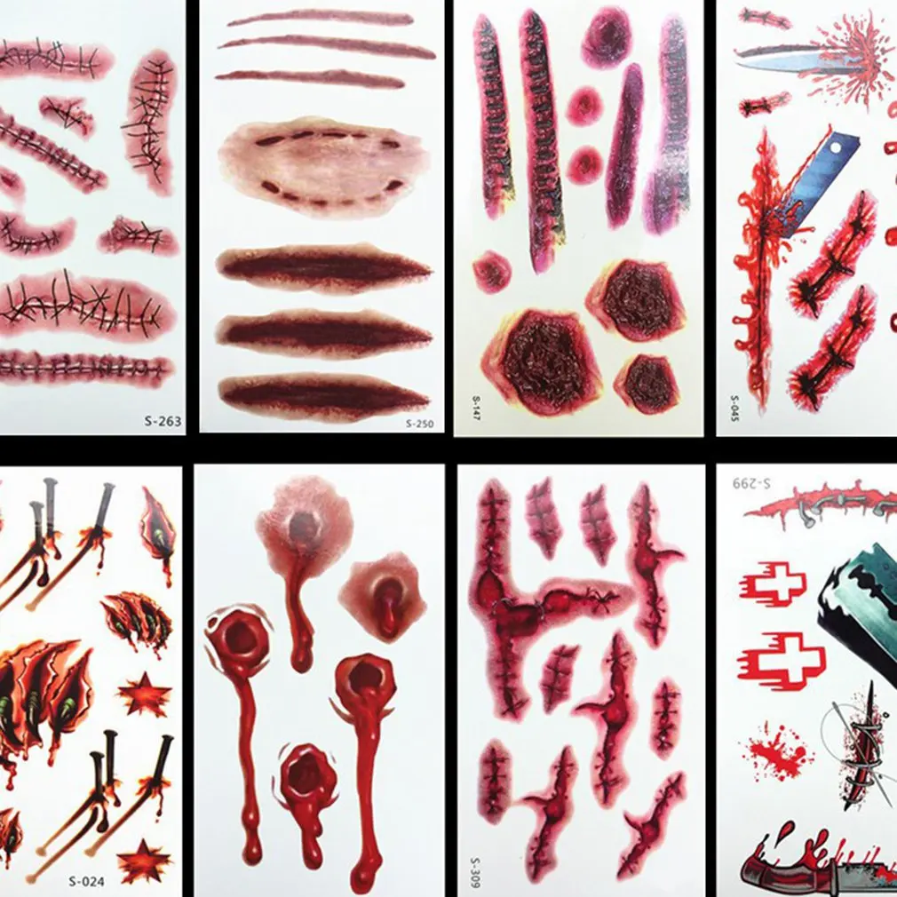 

Latest Halloween Party Decor Luminous Tattoo Sticker Horror Realistic Blood Wound Scar Terror Ghost Bat Pattern Body Stickers