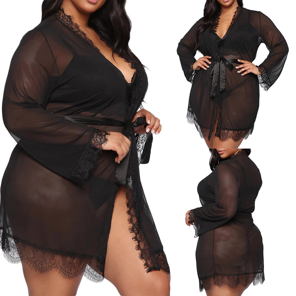 Размера плюс Для женщин сексуальный сетки кружева с длинным рукавом халат поясом