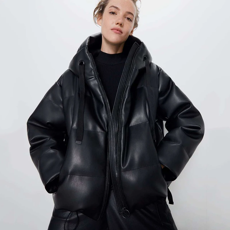 Winter PU Leather Coats Women Faux Leather Pockets Parka Women Elegant Hooded Zipper Coats Female Large Size Thicken Warm Coat