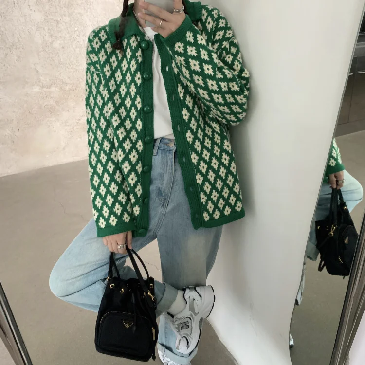 

Female Long Sleeve Lapel Single Breasted Sweater Plus Size 2XL Women Autumn Casual Knitted Retro Print Cardigan Tops Cardigans
