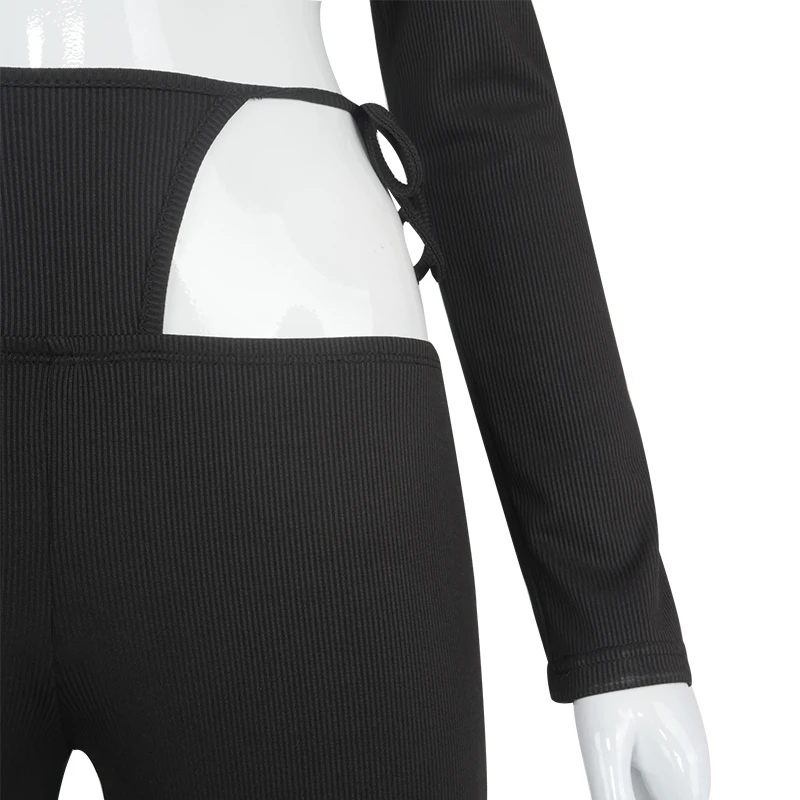 

Plugalong Cut Out Sexy Two Piece Set Women Top And Pants Solid Black Bodycon Sportswear Y2K Tracksuits Streetwear Outfits Club