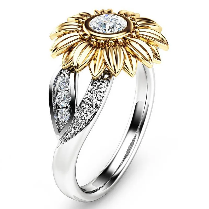 

Fashion Elegant Women Alloy Sunflower Ring Big Diamond Decoration Casual Party Silver Plated Ring Jewelry