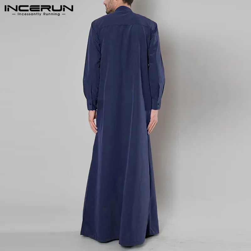 Vintage Buttons Muslim Kaftan Robes Mens Long Sleeve Stand Collar Retro Robes INCERUN Man Abaya Jubba Thobe Dubai Clothing S-5XL