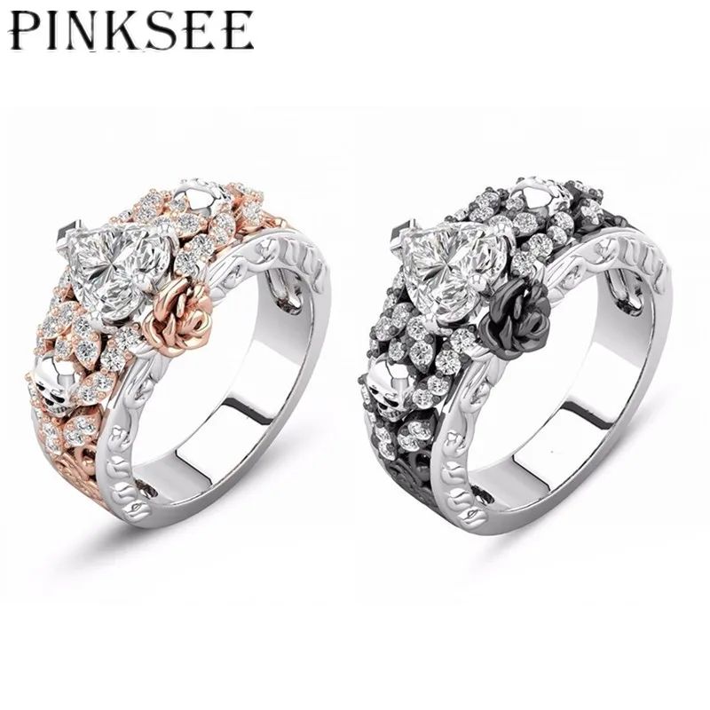 Pinksee винтажные любовные Сердца Череп розовое золото цвет кольца для женщин
